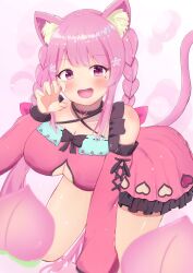 Rule 34 | 1girl, animal ear fluff, animal ears, blush, braid, breasts, cat ears, cleavage, cleavage cutout, clothing cutout, commentary request, food, fruit, heart cutout, highres, indie virtual youtuber, large breasts, looking at viewer, medium hair, mole, mole under eye, momonya miyui, open mouth, peach, pink eyes, pink hair, shanonon, side braids, solo, twin braids, virtual youtuber
