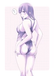 Rule 34 | 1girl, absurdres, ass, competition swimsuit, feet out of frame, from behind, highleg, highleg swimsuit, highres, lips, long hair, looking at viewer, looking back, macosee, monochrome, one-piece swimsuit, original, parted lips, purple theme, solo, swimsuit