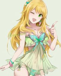Rule 34 | 1girl, ;d, ahoge, bare shoulders, blonde hair, bracelet, breasts, cleavage, collarbone, earrings, green eyes, hair ornament, highres, hoshii miki, idolmaster, idolmaster (classic), index finger raised, jewelry, long hair, navel, one eye closed, open mouth, see-through, signature, sleeveless, smile, solo, star (symbol), underwear, wink, yuyu (yuyurhythm)