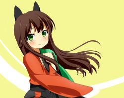 Rule 34 | 1girl, black bow, black hakama, book, bow, brown hair, closed mouth, commentary request, green eyes, hair bow, hakama, hakama skirt, half updo, hand on own chest, highres, hip vent, holding, holding book, japanese clothes, kimono, long hair, long sleeves, looking at viewer, meiji schoolgirl uniform, multicolored clothes, multicolored kimono, sidelocks, skirt, smile, solo, tatsumi kon, tk (tk47773), two-tone background, upper body, urara meirochou, wide sleeves