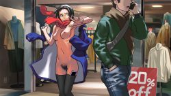 Rule 34 | 1boy, 1girl, armpits, black eyes, black hair, black thighhighs, blue coat, breasts, cellphone, clothes rack, coat, unworn coat, embarrassed, english text, excessive pubic hair, exhibitionism, hair ornament, hairclip, highres, indoors, jukkaku komado, long hair, mannequin, medium breasts, naked scarf, navel, nipples, nude, open mouth, original, phone, pubic hair, public indecency, red scarf, ribs, scarf, shop, smartphone, surprised, thighhighs