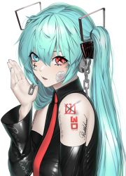 Rule 34 | 1girl, absurdres, aqua eyes, aqua hair, bad id, bad pixiv id, black shirt, black sleeves, chain, collared shirt, detached sleeves, hand up, hatsune miku, headphones, heterochromia, highres, long hair, looking at viewer, necktie, norunollu, parted lips, red eyes, red necktie, shirt, simple background, sleeveless, sleeveless shirt, solo, twintails, vocaloid, white background