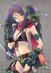 Rule 34 | 1girl, ahoge, arrow (projectile), belt, bikini, black bikini, bow (weapon), breasts, front-tie bikini top, front-tie top, garter belt, garter straps, gloves, green eyes, hair between eyes, holding, holding bow (weapon), holding weapon, kitiroku, large breasts, long hair, looking at viewer, mouth hold, navel, original, purple hair, quiver, scarf, sideboob, solo, swimsuit, thighhighs, twintails, underboob, weapon