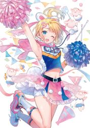 Rule 34 | 1girl, ;d, arm up, armpits, artist name, bare arms, belt, belt buckle, bike shorts, blonde hair, blue eyes, blue shirt, blush, breasts, buckle, cheerleader, clothes writing, crop top, crop top overhang, drumsticks, flag, floating hair, frilled skirt, frills, hair ornament, hair ribbon, hairclip, hanekoto, highres, holding, holding pom poms, hood, hood down, kneehighs, legs up, long hair, megaphone, midriff, miniskirt, navel, one eye closed, open mouth, original, pink footwear, pink ribbon, pink skirt, pom pom (cheerleading), pom poms, ponytail, ribbon, shirt, shoes, shorts, shorts under skirt, sidelocks, skirt, sleeveless, sleeveless shirt, small breasts, smile, sneakers, socks, solo, stuffed toy, tareme, underskirt, whistle, white background, white shorts, white socks