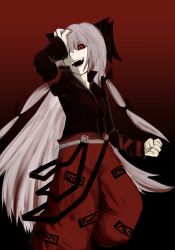 Rule 34 | 1girl, alternate color, bad id, bad pixiv id, black sclera, clenched hand, colored sclera, dark persona, fang, female focus, fujiwara no mokou, gradient background, hand on own face, one-eyed, open mouth, red theme, solo, touhou, yan pai