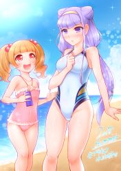 Rule 34 | 2018, 2girls, :d, absurdres, aisaki emiru, arakawa tarou, beach, blunt bangs, blurry, blurry background, blush, breasts, brown hair, casual one-piece swimsuit, collarbone, competition swimsuit, cone hair bun, covered navel, day, double bun, flat chest, gluteal fold, groin, hair bobbles, hair bun, hair ornament, hairband, highleg, highleg swimsuit, highres, huge filesize, hugtto! precure, long hair, low twintails, medium breasts, multiple girls, ocean, one-piece swimsuit, open mouth, outdoors, pink one-piece swimsuit, precure, purple eyes, purple hair, red eyes, ruru amour, sidelocks, smile, standing, summer, swimsuit, thigh gap, twintails, very long hair, white hairband, white one-piece swimsuit