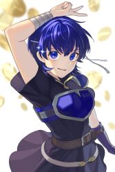 Rule 34 | 1girl, :d, arm up, armor, bandages, belt, black dress, blue eyes, blue hair, breastplate, coin, commentary request, dress, farina (fire emblem), fire emblem, fire emblem: the blazing blade, highres, kiyuu, looking at viewer, nintendo, open mouth, short hair, short sleeves, smile, solo, upper body, wrist wrap