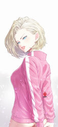 Rule 34 | 1girl, absurdres, android 18, arms behind back, ass, asymmetrical hair, blonde hair, blue eyes, bottomless, dragon ball, dragon ball super, dragonball z, highres, jersey, kanchiyo, looking at viewer, looking back, no panties, parted lips, revision, short hair, solo, standing