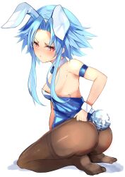 Rule 34 | 1girl, absurdres, alternate costume, animal ears, annoyed, arm strap, ass, backless leotard, bare shoulders, bimmy, blue bow, blue bowtie, blue hair, blue leotard, blush, bow, bowtie, breasts, detached collar, embarrassed, fishnet pantyhose, fishnets, from behind, from side, full body, highres, legs, leotard, looking at viewer, looking back, medium hair, neptune (series), open mouth, pantyhose, playboy bunny, power symbol, power symbol-shaped pupils, rabbit ears, rabbit tail, red eyes, short hair with long locks, simple background, sitting, small breasts, solo, symbol-shaped pupils, tail, thighs, white background, white heart (neptunia), wrist cuffs