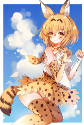 Rule 34 | 10s, 1girl, animal ears, bad id, bad pixiv id, baocaizi, blue sky, cat ears, cat tail, cloud, cloudy sky, day, elbow gloves, gloves, high-waist skirt, highres, kemono friends, light brown hair, looking at viewer, panties, pantyshot, paw pose, polka dot, serval (kemono friends), serval print, serval tail, short hair, skirt, sky, smile, solo, tail, thighhighs, underwear, white panties, yellow eyes, zettai ryouiki
