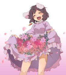 Rule 34 | 1girl, :d, ^ ^, animal ears, bad id, bad twitter id, bloomers, blush, carrot, closed eyes, clothes lift, dress, dress lift, flower, gradient background, hasebe yuusaku, inaba tewi, jewelry, necklace, open mouth, petals, pink dress, puffy sleeves, rabbit ears, short sleeves, skirt basket, skirt hold, smile, solo, teeth, touhou, underwear