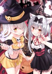 Rule 34 | 2girls, animal ear fluff, animal ears, ayanami (azur lane), ayanami (witch in ambush) (azur lane), azur lane, bandage over one eye, bare shoulders, black bow, black cape, black dress, black hat, blush, bow, breasts, brown eyes, cape, cat ears, claw pose, cleavage, closed mouth, collar, collarbone, commentary request, demon tail, detached collar, dress, fingernails, grin, hair between eyes, hair bow, halloween, hand up, hat, highres, long hair, looking at viewer, medium breasts, midriff, multicolored cape, multicolored clothes, multiple girls, nail polish, navel, neck ribbon, pink nails, pleated skirt, red cape, red nails, red ribbon, ribbon, silver hair, skirt, skull, small breasts, smile, spirit, tail, tombstone, tsukiman, twintails, very long hair, white collar, wing collar, witch hat, yellow skirt, yukikaze (azur lane)