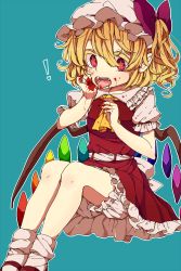 Rule 34 | 1girl, ascot, bad id, bad pixiv id, blonde hair, blood, blood on face, blood on hands, bloomers, bow, fangs, flandre scarlet, hat, highres, open mouth, red eyes, ribbon, short hair, side ponytail, solo, star-shaped pupils, star (symbol), symbol-shaped pupils, touhou, touya (konpekitou), underwear, wings