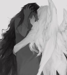 Rule 34 | 2others, angel, angel wings, black hair, colored skin, grey background, grey shirt, grey skin, greyscale, highres, long hair, looking at another, monochrome, multiple others, nibiiro (nibiirooo ), original, shirt, solo, very long hair, white hair, white skin, white wings, wings