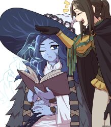 Rule 34 | 2girls, black cape, blue eyes, blue hair, blue skin, book, brown hair, cape, cloak, closed eyes, colored skin, commentary, cracked skin, dress, elden ring, english commentary, extra arms, extra faces, facial tattoo, fur cloak, glowing tattoo, hat, height difference, highres, holding, holding book, large hat, long hair, multiple girls, one eye closed, open book, open mouth, ponytail, profile, ranni the witch, sidelocks, smile, sveasouls, tarnished (elden ring), tattoo, teeth, twitter username, upper teeth only, white dress, white headwear, wide sleeves, witch, witch hat