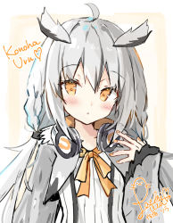 Rule 34 | 1girl, :o, ahoge, black hair, blush, brown background, brown eyes, commentary request, cropped jacket, dress, grey hair, grey jacket, hair between eyes, hand up, head wings, headphones, headphones around neck, highres, indie virtual youtuber, jacket, konoha uru, long hair, long sleeves, looking at viewer, low twintails, multicolored hair, nail polish, official art, open clothes, open jacket, orange nails, parted lips, saeki sora, signature, sleeves past wrists, solo, streaked hair, twintails, two-tone background, virtual youtuber, white background, white dress, wings