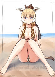 Rule 34 | 1girl, animal ear fluff, animal ears, animal print, arm under breasts, bare legs, bare shoulders, barefoot, beach, black eyes, blonde hair, breasts, brown hair, collarbone, commentary request, full body, giraffe ears, giraffe horns, giraffe print, giraffe tail, gradient hair, highres, horns, kemono friends, knees together feet apart, long hair, looking at viewer, medium breasts, multicolored hair, murakami kou (raye), ponytail, print swimsuit, reticulated giraffe (kemono friends), simple background, sitting, slingshot swimsuit, solo, swimsuit, tail, twitter username, white background, white hair