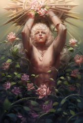 Rule 34 | 1990s (style), 1boy, absurdres, albino, androgynous, arms up, berserk, blood, blue eyes, flower, griffith (berserk), highres, leaf, long hair, male focus, nipples, nude, realistic, rose, scratches, solo, thorns, wavy hair, white hair