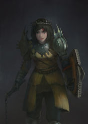 Rule 34 | 1girl, armor, bad id, bad pixiv id, black background, black hair, blood, blood on face, breasts, conqueror (for honor), crown of thorns, flail, for honor, green eyes, highres, shield, short hair, solo, standing, swept bangs, tagme, tunic, weapon, xianggang jizhe