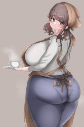 Rule 34 | 1girl, absurdres, apron, ass, bonnet, breasts, brown eyes, brown hair, from behind, highres, huge ass, huge breasts, hyuuman, lips, looking at viewer, looking back, pantylines, plump, smile, solo, thick thighs, thighs