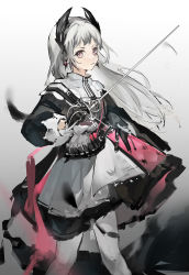 Rule 34 | 1girl, arknights, belt, black jacket, earrings, feet out of frame, gradient background, grey background, grey eyes, grey hair, greyscale, head wings, highres, holding, holding sword, holding weapon, irene (arknights), jacket, jewelry, layered skirt, long hair, long sleeves, looking at viewer, monochrome, pantyhose, parted lips, puffy long sleeves, puffy sleeves, purple skirt, rapier, skirt, solo, standing, sword, very long hair, weapon, white background, white pantyhose, white skirt, wings, zeriko