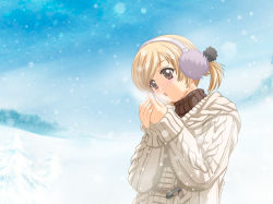 Rule 34 | 1girl, aran sweater, blonde hair, breath, brown eyes, cable knit, day, earmuffs, gainax, game, game cg, outdoors, patricia (princess maker 4), princess, princess maker (series), princess maker 4, screencap, short hair, short twintails, snow, snowing, solo, sweater, tenhiro naoto, toggle, turtleneck, twintails
