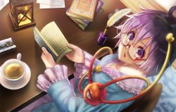 Rule 34 | 1girl, bad id, bad pixiv id, blouse, blue shirt, blurry, book, book stack, candle, chair, cup, depth of field, dutch angle, from above, glasses, hair between eyes, hexagram, hipunosu (fjtsh890), inkwell, komeiji satori, light purple hair, looking at viewer, looking up, open book, parted lips, purple eyes, quill, red-framed eyewear, rug, saucer, semi-rimless eyewear, shirt, short hair, sitting, solo, spoon, table, teacup, third eye, touhou, under-rim eyewear, upper body, wooden floor