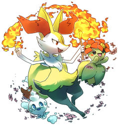 Rule 34 | :d, bellossom, braixen, commentary, creature, creatures (company), english commentary, fang, fire, flower, full body, furry, game freak, gen 2 pokemon, gen 5 pokemon, gen 6 pokemon, happy, holding, holding stick, looking at another, nintendo, open mouth, pinkgermy, pokemon, pokemon (creature), signature, simple background, smile, stick, vanillite, white background