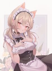 Rule 34 | 1girl, absurdres, animal ears, apron, black bow, black bowtie, black choker, blonde hair, bow, bowtie, breasts, cat ears, choker, cropped legs, double-parted bangs, earrings, fangs, flower, highres, jewelry, looking at viewer, maid, maid apron, maid headdress, medium breasts, midori xu, orange eyes, original, sidelocks, simple background, smile, twintails, wrist cuffs
