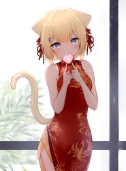 Rule 34 | 1girl, animal ears, bare arms, bare shoulders, blonde hair, blue eyes, breasts, cat ears, cat girl, cat tail, cowboy shot, dress, guo582, hair ornament, hairclip, hanazono serena, hanazono serena (channel), heart, highres, looking at viewer, red dress, short hair, side slit, sleeveless, sleeveless dress, small breasts, solo, standing, tail, tail raised, virtual youtuber