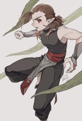 Rule 34 | 1boy, black pants, black shirt, blush, brown hair, dated, drruraguchi, foot out of frame, grey background, highres, long hair, luozhu (the legend of luoxiaohei), pants, plant, pointy ears, red eyes, shirt, simple background, sleeveless, sleeveless shirt, solo, luo xiaohei zhanji