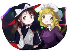 Rule 34 | 2girls, big dipper, black capelet, black headwear, black skirt, blonde hair, blush, book, bow, bowtie, breasts, brown eyes, brown hair, capelet, closed mouth, commentary request, constellation, dress, happy, hat, hat bow, highres, holding, holding book, long sleeves, looking at viewer, maribel hearn, medium breasts, minus (sr mineka), mob cap, multiple girls, open mouth, purple dress, rainbow-colored septentrion, shirt, skirt, small breasts, smile, sun hat, touhou, usami renko, white bow, white bowtie, white headwear, white shirt, yellow eyes