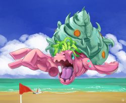 Rule 34 | absurdres, beach, blue eyes, blue sky, claws, competition, digimon, digimon (creature), enrike (enrique mr blue), epic, giant, gomamon, highres, jumping, no humans, ocean, open mouth, shellmon, size difference, sky, water