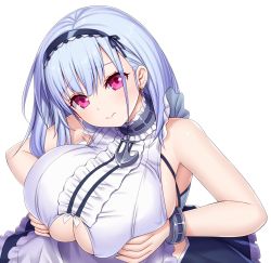 Rule 34 | 1girl, 3:, anchor choker, apron, asamura hiori, azur lane, bare shoulders, blush, bracelet, breasts, breasts squeezed together, center frills, choker, clothing cutout, commentary request, dido (azur lane), dress, earrings, frilled apron, frilled choker, frills, hairband, head tilt, highres, huge breasts, jewelry, lace-trimmed hairband, lace trim, long hair, looking at viewer, maid, maid apron, partial commentary, purple eyes, silver hair, simple background, sleeveless, sleeveless dress, solo, underboob, underboob cutout, upper body, waist apron, white apron, white background