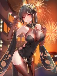 Rule 34 | 1girl, absurdres, aerial fireworks, azur lane, black dress, black flower, black hair, black rose, black thighhighs, breasts, chen hai (azur lane), chen hai (vestibule of wonders) (azur lane), china dress, chinese clothes, dress, fireworks, flower, gloves, highres, lace, lace-trimmed gloves, lace trim, large breasts, long hair, looking at viewer, official alternate costume, pelvic curtain, red eyes, rose, taut clothes, taut dress, thighhighs, tight clothes, tight dress, user hxhk7342