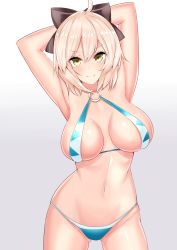 Rule 34 | 1girl, armpits, arms behind head, arms up, bikini, black bow, blue bikini, blush, bow, breasts, closed mouth, fate/grand order, fate (series), gradient background, hair between eyes, hair bow, halterneck, highres, hip focus, koha-ace, large breasts, navel, o-ring, o-ring bikini, okita souji (fate), okita souji (koha-ace), pink hair, sankakusui, shiny skin, short hair, simple background, solo, swimsuit, yellow eyes