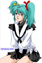 Rule 34 | 1980s (style), 1girl, aqua hair, char&#039;s counterattack, gundam, lipstick, makeup, retro artstyle, oyaman, purple eyes, quess paraya, retro artstyle, ribbon, sailor collar, sitting, skirt, smile, solo, twintails, uneven twintails, watermark, white background