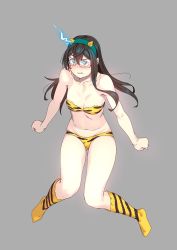 Rule 34 | 1girl, :t, alternate costume, animal print, bare arms, bare shoulders, bikini, black hair, blush, breasts, commentary request, embarrassed, full body, glasses, gluteal fold, green eyes, grey background, hair between eyes, hairband, highres, horns, kantai collection, kneehighs, lightning bolt symbol, loincloth, long hair, navel, nipples, oni, oni horns, ooyodo (kancolle), pout, print bikini, print socks, semi-rimless eyewear, setsubun, simple background, skindentation, small breasts, socks, solo, stomach, strapless, strapless bikini, swimsuit, tiger print, under-rim eyewear, yuuji (and)
