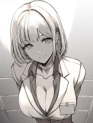Rule 34 | 1girl, arms behind back, bandaged neck, bandages, blazer, breasts, business suit, cleavage, collared shirt, commentary request, formal, from above, girls&#039; frontline, head tilt, highres, id card, jacket, large breasts, looking at viewer, medium hair, monochrome, official alternate costume, rpk-16 (girls&#039; frontline), rpk-16 (renate) (girls&#039; frontline), shirt, smile, solo, suit, tile wall, tiles, yu 416416