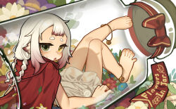 1girl anklet bare_legs barefoot feet flower in_container in_jar jar jewelry kotoba_(1074421015) leaf looking_at_viewer medium_hair multicolored_hair open_mouth original ribbon scales solo toenails toes two-tone_hair