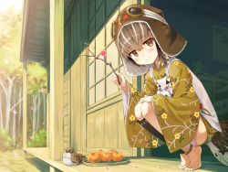 Rule 34 | 1girl, anklet, ayakashi kyoushuutan, barefoot, bird, blush, branch, brown eyes, brown hair, brown hat, closed mouth, cura, day, feathers, floral print, food, fruit, full body, goggles, goggles on head, goggles on headwear, hat, highres, hiyo (ayakashi kyoushuutan), holding, holding branch, japanese clothes, jewelry, kimono, looking at viewer, monster girl, multicolored hair, official art, orange (fruit), outdoors, petals, porch, short hair, short kimono, smile, solo, squatting, streaked hair, toes, white hair, wide sleeves