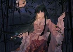 Rule 34 | &gt;:), 1girl, bamboo broom, bamboo print, black hair, blunt bangs, bow, bowtie, breasts, broom, brown eyes, commentary request, cowboy shot, crescent, crescent earrings, earrings, floral print, frilled shirt collar, frilled sleeves, frills, full moon, hand up, highres, holding, houraisan chouko, houraisan kaguya, jewelry, long hair, long sleeves, looking at viewer, medium breasts, moon, night, night sky, open mouth, outdoors, pink shirt, red skirt, sash, shirt, sidelocks, skirt, sky, smile, solo, standing, star (sky), starry sky, touhou, v-shaped eyebrows, very long hair, white bow, white bowtie, white sash, wide sleeves, wing collar