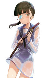 Rule 34 | 1girl, black hair, blue one-piece swimsuit, blunt bangs, brown eyes, cowboy shot, dress, highres, holding, holding sword, holding weapon, katana, looking at viewer, mejina, one-piece swimsuit, ponytail, sailor dress, sakamoto mio, school swimsuit, see-through, simple background, solo, strike witches, swimsuit, swimsuit under clothes, sword, weapon, white background, white dress, world witches series