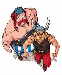 Rule 34 | 2boys, asterix, asterix (character), bare shoulders, black ribbon, blonde hair, blue pants, braid, brown footwear, facial hair, flask, french commentary, from above, hair ribbon, helmet, highres, multiple boys, muscular, muscular male, mustache, obelix, pants, red hair, red pants, reda kaaaa, ribbon, simple background, spiked helmet, topless male, two-tone pants, white background, white pants, winged helmet