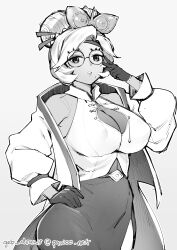 Rule 34 | 1girl, absurdres, adjusting eyewear, artist name, breasts, commentary, ge-b, glasses, gloves, greyscale, hair ornament, hand on own hip, hand up, highres, jacket, large breasts, looking at viewer, mole, mole under mouth, monochrome, nintendo, open clothes, open jacket, puffy sleeves, purah, round eyewear, sheikah, shirt, short hair, simple background, skirt, sleeveless, sleeveless shirt, solo, the legend of zelda, the legend of zelda: tears of the kingdom