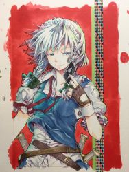 Rule 34 | 1girl, belt, between fingers, blue skirt, blue vest, bow, braid, breasts, brown gloves, card, commentary request, cowboy shot, fingerless gloves, gloves, green bow, grey hair, hair bow, hand up, highres, holding, holding card, izayoi sakuya, knife, looking at viewer, maid headdress, medium breasts, medium hair, neck ribbon, puffy short sleeves, puffy sleeves, red background, red neckwear, shirt, short sleeves, skirt, smile, socha, solo, touhou, traditional media, twin braids, undone neck ribbon, vest, white shirt, wrist cuffs