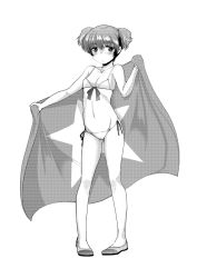 Rule 34 | 10s, 1girl, alisa (girls und panzer), bikini, blush, breasts, closed mouth, flag, freckles, front-tie bikini top, front-tie top, full body, girls und panzer, greyscale, hair ornament, halftone, holding, ichiko (ichi), looking at viewer, monochrome, shoes, short hair, short twintails, side-tie bikini bottom, small breasts, solo, standing, star (symbol), star hair ornament, swimsuit, twintails