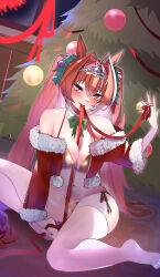 Rule 34 | 1girl, absurdres, alternate costume, animal ears, antenna hair, bikini, bow, breasts, christmas tree, cleavage, commentary request, cropped jacket, daiwa scarlet (umamusume), detached collar, dutch angle, fang, gold bikini, green bow, hair between eyes, hair intakes, highres, holding, holding ribbon, horse ears, horse girl, jacket, jitome no tsugumi, large breasts, legs, long hair, looking at viewer, mouth hold, nail polish, navel, no shoes, off-shoulder jacket, off shoulder, on ground, open clothes, open jacket, red eyes, red hair, red nails, ribbon, ribbon between breasts, sitting, skin fang, solo, swimsuit, thighhighs, twintails, umamusume, very long hair, white thighhighs, yokozuwari