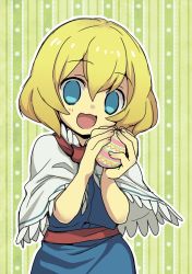 Rule 34 | 1girl, alice margatroid, blonde hair, blue dress, capelet, commentary request, cookie (touhou), cowboy shot, dress, easter egg, egg, frilled capelet, frills, green background, hair between eyes, holding, holding egg, looking at viewer, nahori (hotbeans), neckerchief, open mouth, red neckerchief, red sash, sash, short hair, smile, solo, touhou, web (cookie), white capelet