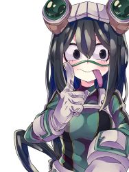 Rule 34 | 10s, 1girl, :p, asui tsuyu, black eyes, black hair, bodysuit, boku no hero academia, breasts, frog girl, gloves, goggles, goggles on head, highres, index finger raised, long tongue, simple background, solo, tongue, tongue out, upper body, white background